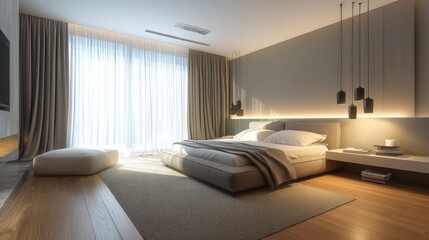 Modern minimalist bedroom with natural light and soft textures, featuring elegant bedding, cozy decor, and serene atmosphere for relaxation and comfort