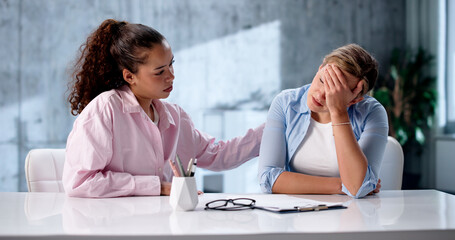 Office Team Supports Sad Businesswoman Under Work Stress