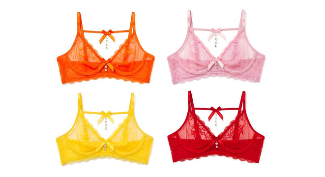 Vibrant Sheer Lace Bralettes in Orange, Pink, Yellow, and Red with Delicate Bow Details