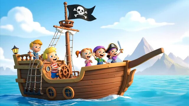 Cartoon pirate ship with children sailing on the ocean under a blue sky