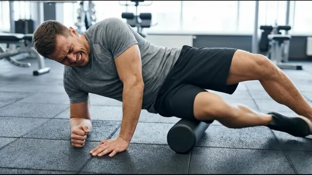 Caucasian man experiencing pain while foam rolling his leg muscle in a gym. Exercise for recovery, fitness, rehabilitation.