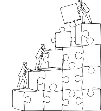 Teamwork illustration of people assembling puzzle pieces together on a white background from various viewpoints