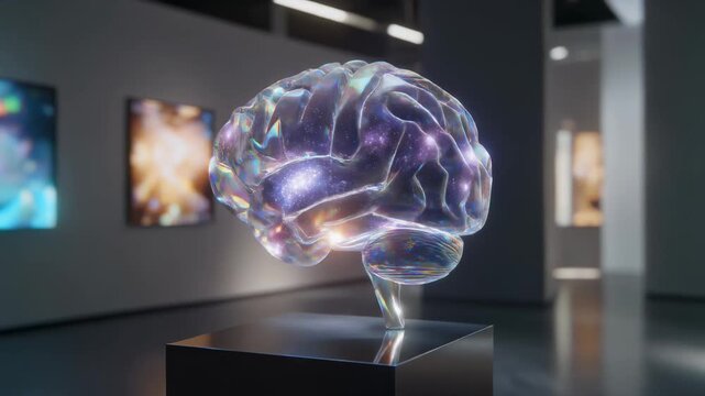 video of a crystal brain artwork glowing with galaxy-like patterns, showcased on
