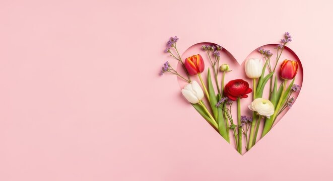 Vibrant spring flowers arranged inside a heart shape create a romantic flat lay composition on a soft pink background.