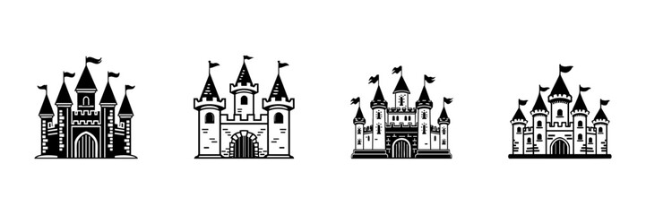 Obraz premium Castle Silhouettes In Hand Drawn Style Set. Medieval Architecture, Fantasy Fortresses, Fairytale Castles Doodle Sketch Collection. Historic Landmark Icons. Isolated Vector Illustration