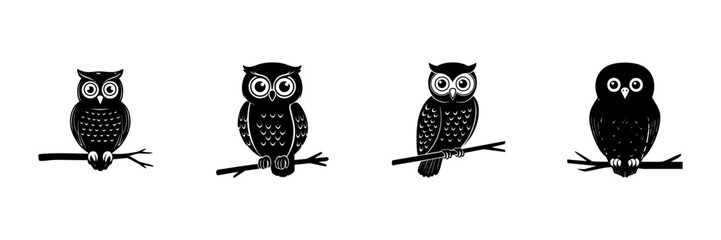 Obraz premium Owls On Branches In Hand Drawn Style Set. Wisdom, Nocturnal Birds, Nature Symbol Doodle Sketch Collection. Wildlife Illustration. Isolated Vector Illustration