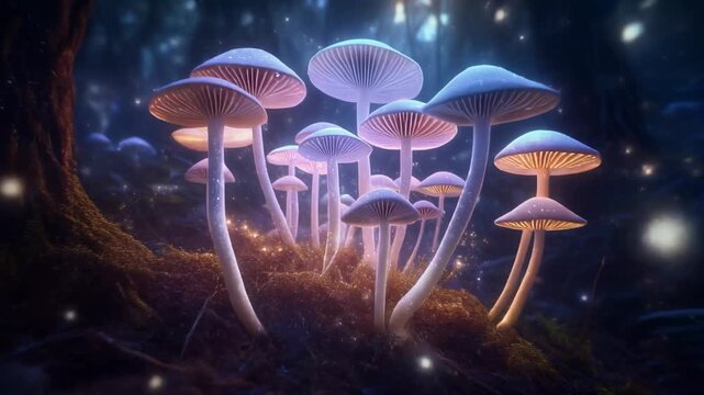scene featuring a cluster of luminous mushrooms emitting an ethereal glow in a dar