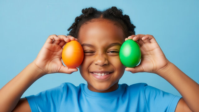 African American child holding orange and green eggs near eyes on blue background, Easter celebration and playful holiday activity in studio setting