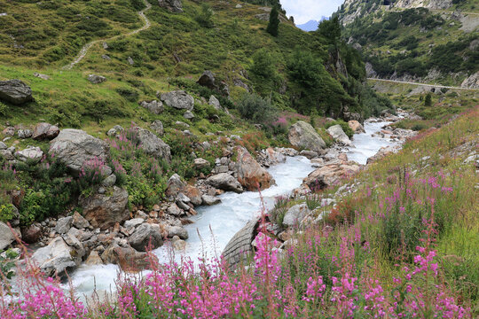 Romantic mountain stream at the Susten Pass in the canton of Bern in the Swiss Alps