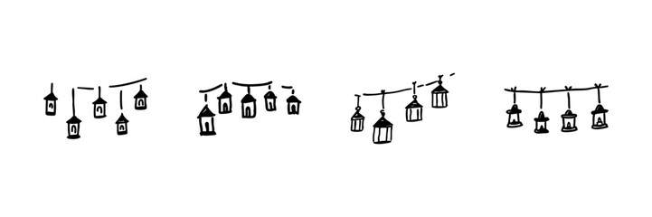 Fototapeta premium Hanging Lanterns Line Icon Set In Doodle Style. Festive Decoration And Ambient Lighting Outline Sketch Collection. Hand Drawn Isolated Vector Illustration