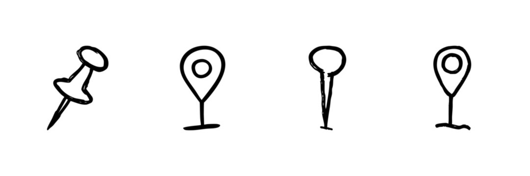 Pushpin And Map Marker Line Icon Set In Doodle Style. Location Pinning, Navigation, And Geographical Positioning Outline Sketch Collection. Hand Drawn Isolated Vector Illustration