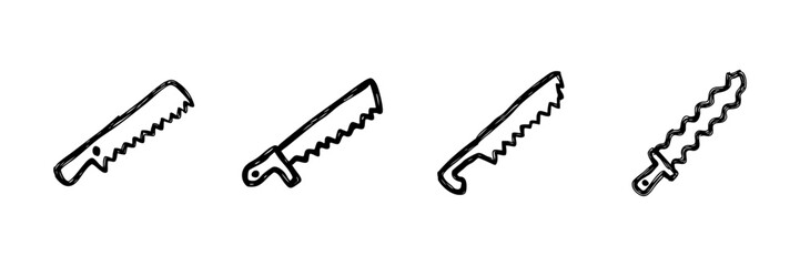 Hand Saw Line Icon Set In Doodle Style. Woodworking, Carpentry, And Cutting Tools Outline Sketch Collection. Construction And Diy Equipment. Hand Drawn Isolated Vector Illustration