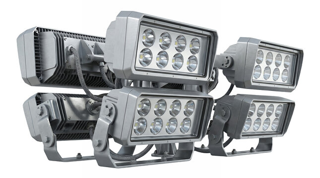 Industrial outdoor LED floodlight set in brushed aluminum and glass finish for architectural lighting
