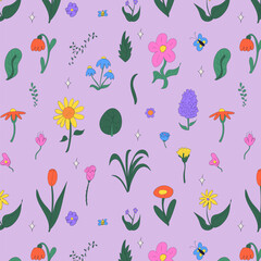 Fototapeta premium Colorful flowers seamless pattern. Spring hand drawn flowers. Flat vector pattern.
