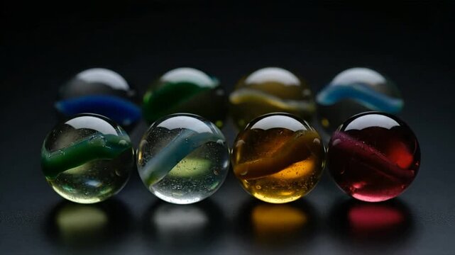 Close up of colorful glass marbles on black surface with reflections