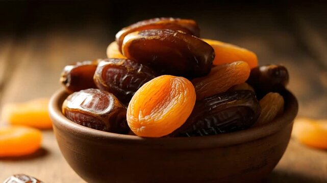 Close up of dates and apricots in a bowl with a hand reaching