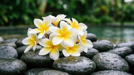 Fototapeta premium Yellow and white plumeria flowers arranged on wet black stones beside a tranquil pool, surrounded by lush greenery in a tropical garden setting, creating a serene and natural atmosphere
