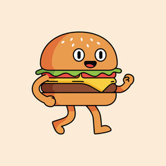 Cute Burger Cartoon Mascot Illustration, Funny Fast Food Character Flat Design 40