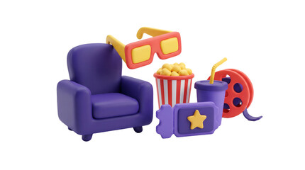 Set of cinema and movie theater entertainment icons in 3D cartoon style