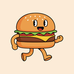 Cute Burger Cartoon Mascot Illustration, Funny Fast Food Character Flat Design 36