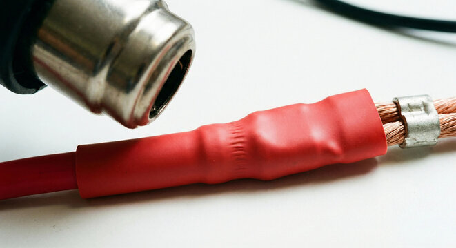 Heat gun shrinking red insulation tubing on copper wire electrical splice
