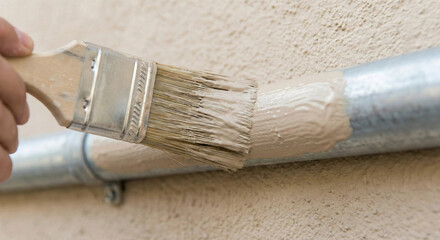 Painting metal exterior conduit pipe with beige paint and brush
