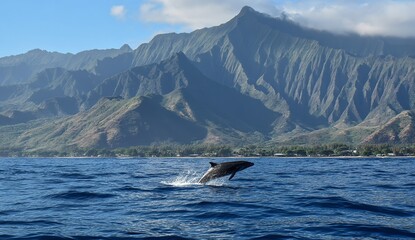 Fototapeta premium Majestic dolphin jumps out of ocean with stunning mountain landscape