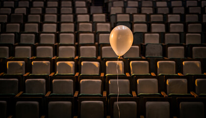 Single Red Balloon Floating Between Empty Theater Seats 2026