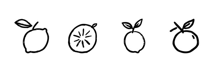 Lemon And Orange Line Icon Set In Doodle Style. Citrus Fruits, Vitamin C, And Freshness Outline Sketch Collection. Hand Drawn Isolated Vector Illustration