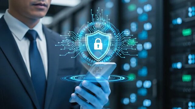 Businessman Protecting Sensitive Data on Smartphone, Cyber Security Concept