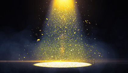 Cinematic Beam of Light with Shimmering Golden Particles in Dark Interior
