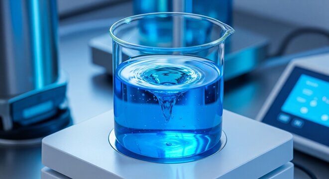 Glass beaker containing bright blue liquid actively mixing on a magnetic stirrer in a laboratory setting