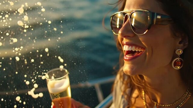4K cinematic stock video, luxury model gold teeth smiling, close-up laughing luxury yacht during golden hour, champagne spray sparkling ocean reflections, glamorous party atmosphere, designer sunglass