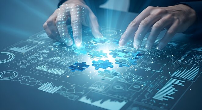 Hands assembling glowing digital puzzle pieces symbolizing problem solving and innovation, AI-assisted business strategy concept