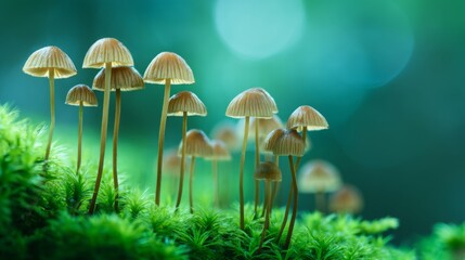 Fototapeta premium Delicate mushrooms rising above lush green moss in a serene forest setting illuminated by soft, diffused light creating a peaceful natural scene