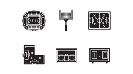 Soccer Stadium and Match Management Icons Set Black Silhouette Sports Infrastructure Elements © Ahmed