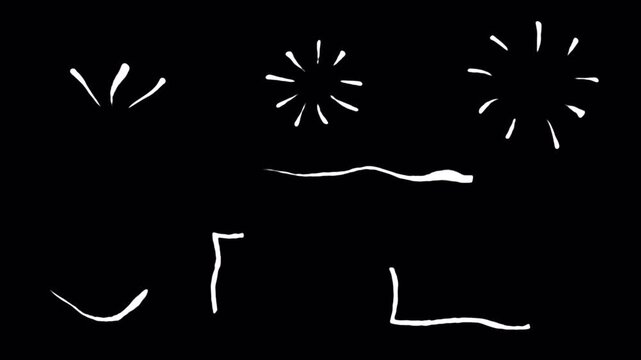 Hand drawn line bursts and sketch accents. Doodle strokes, starburst lines, and abstract marks on black background
