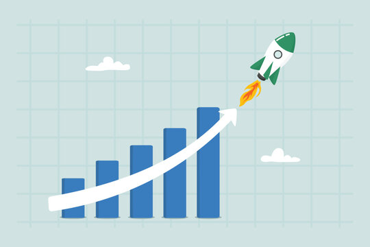 Exponential growth, investment, graph of increasing wealth or income, concept of increasing sales or business profits, financial statement graph with exponential arrow from a flying rocket.