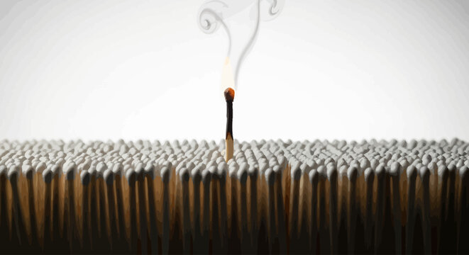 Burning matchstick and burnout concept representing stress, exhaustion, risk, pressure, work overload, business failure warning, mental fatigue, energy depletion, crisis situation, leadership stress, 