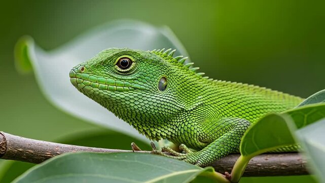 A close-up of a vibrant green lizard on a branch amid lush leaves.