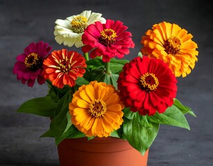 A vibrant close-up captures a potted plant with blossoms of various hues against a dark background. The arrangement is full