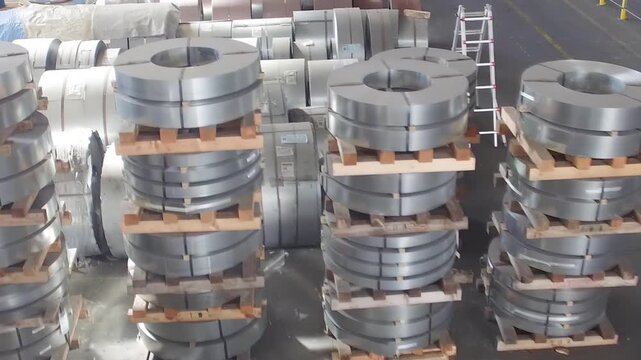 Top-down aerial view of warehouse filled with rolled metal coils ready for manufacturing and distribution