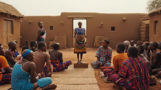 Village Elder Woman Delivering Speech to Community Group in Traditional African Setting, Cultural Ceremony.