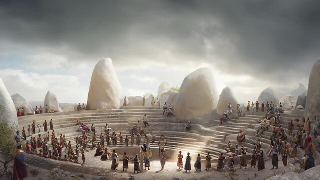 Ancient Tribal Gathering: People on Stone Terraces in Ceremonial Setting, Historical Depiction of Ritual or Audience.