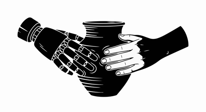 Human and robot hands collaborating to shape a clay pot, symbolizing innovation and tradition.