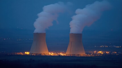 Two large cooling towers emitting white vapor plumes against a dark blue twilight sky with city lights in the background.
