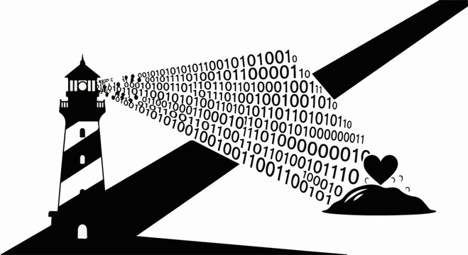 Lighthouse beams binary code transforming into a heart, symbolizing data-driven love and connection.