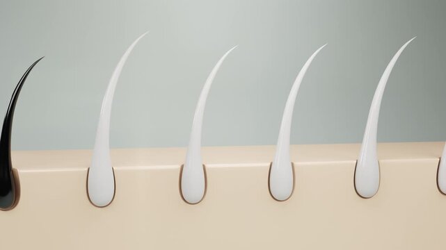 Realistic 3D animation of silver hair strands emerging from skin, showcasing hair growth, scalp health, and anti-aging skincare in a premium clinical look.