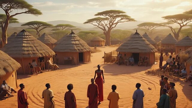 Traditional Maasai Village Scene: Community Gathering in Rural East Africa, Vibrant Cultural Portrait