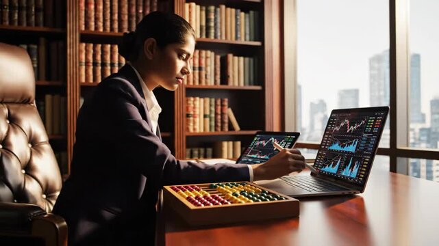 A sophisticated financial workspace combining modern technology with a classic abacus and colorful beads, highlighting the blend of old and new accounting methods video